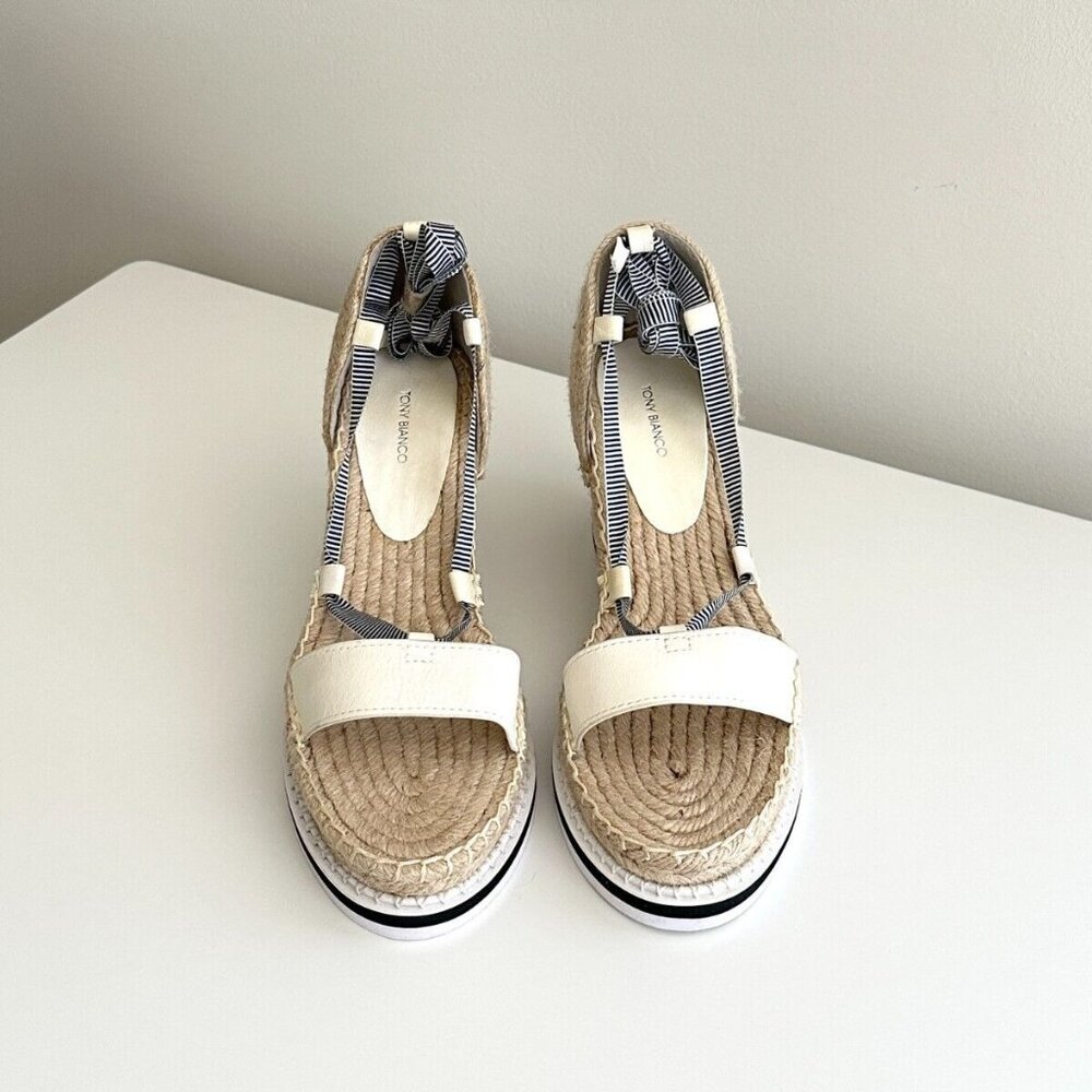 NEW TONY BIANCO Ankle Wrap Espadrille Wedge Sandals in White/Blue Stripe Size 8